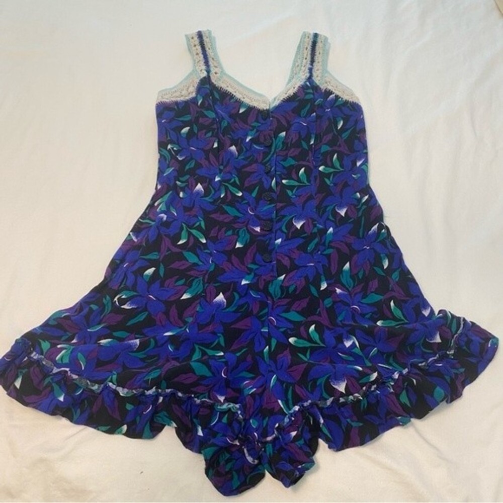 Vintage Joni Blair Blue Purple Lace Crochet Floral Ruffle Romper SZ M
